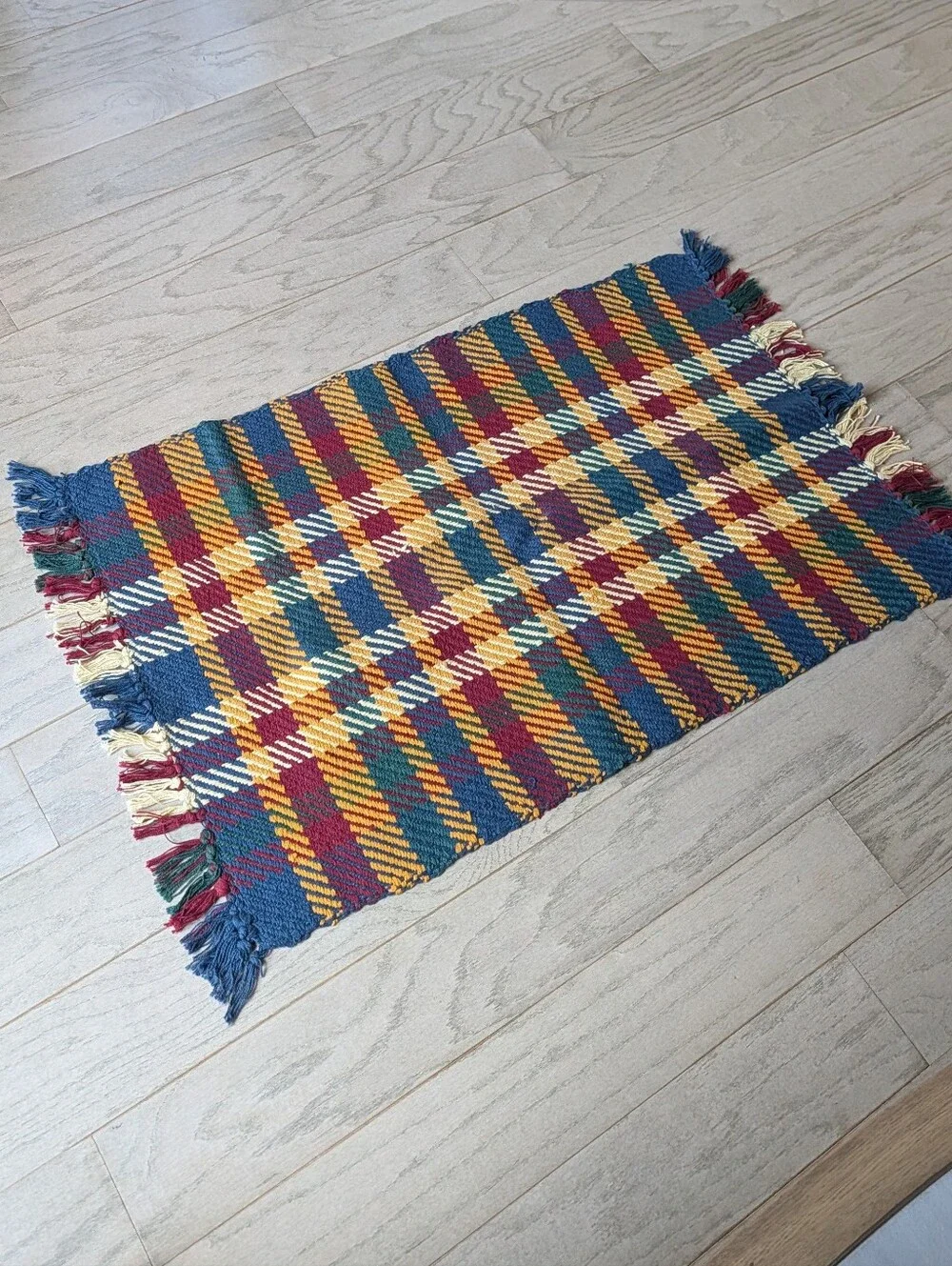 vintage 1990's HANDWOVEN COTTON RUG 90's plaid